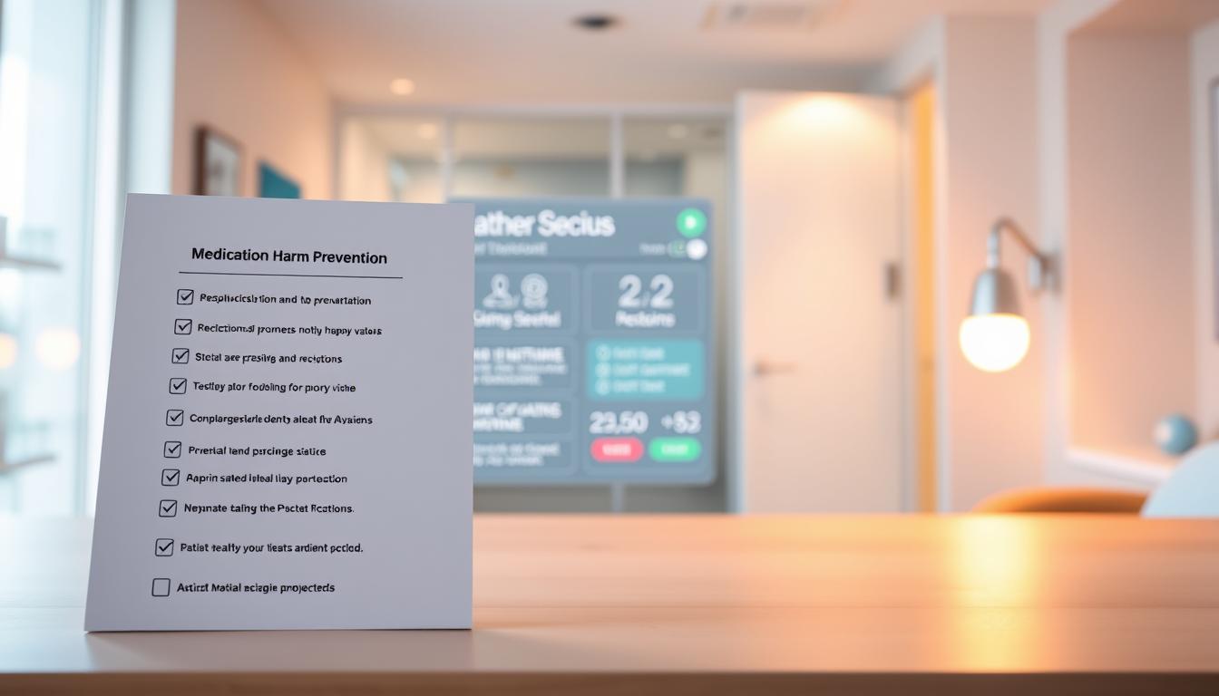 A vibrant, well-organized medication harm prevention checklist created by the Healthy Squire brand. In the foreground, a clean, legible list of key precautions, with clear icons and bullet points. The middle ground features a modern, minimalist medical interface, with sleek UI elements and a serene, calming color palette. In the background, a softly blurred rendering of a doctor's office or clinic, conveying a sense of professionalism and patient-centered care. Warm, directional lighting illuminates the scene, emphasizing the importance and accessibility of the medication safety information. The overall atmosphere is one of trust, clarity, and proactive healthcare.