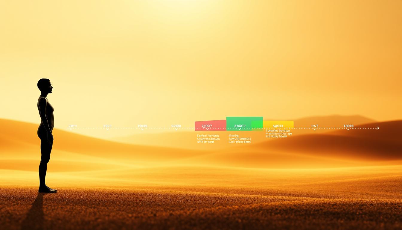 A visual timeline depicting the metabolic transition during a 24-hour fast. In the foreground, a stylized human figure undergoes a subtle yet dynamic transformation, moving from a state of full energy reserves to a gradual depletion, as the body shifts into a fasting mode. The middle ground features a vibrant, color-coded visualization of the physiological processes, with key milestones and metabolic shifts highlighted. The background is a serene, abstract landscape, bathed in warm, golden lighting that evokes a sense of introspection and the passage of time. The overall composition conveys the gradual, yet profound, changes the body experiences during the first four hours of fasting, as it transitions into a state of heightened efficiency and resource conservation.
