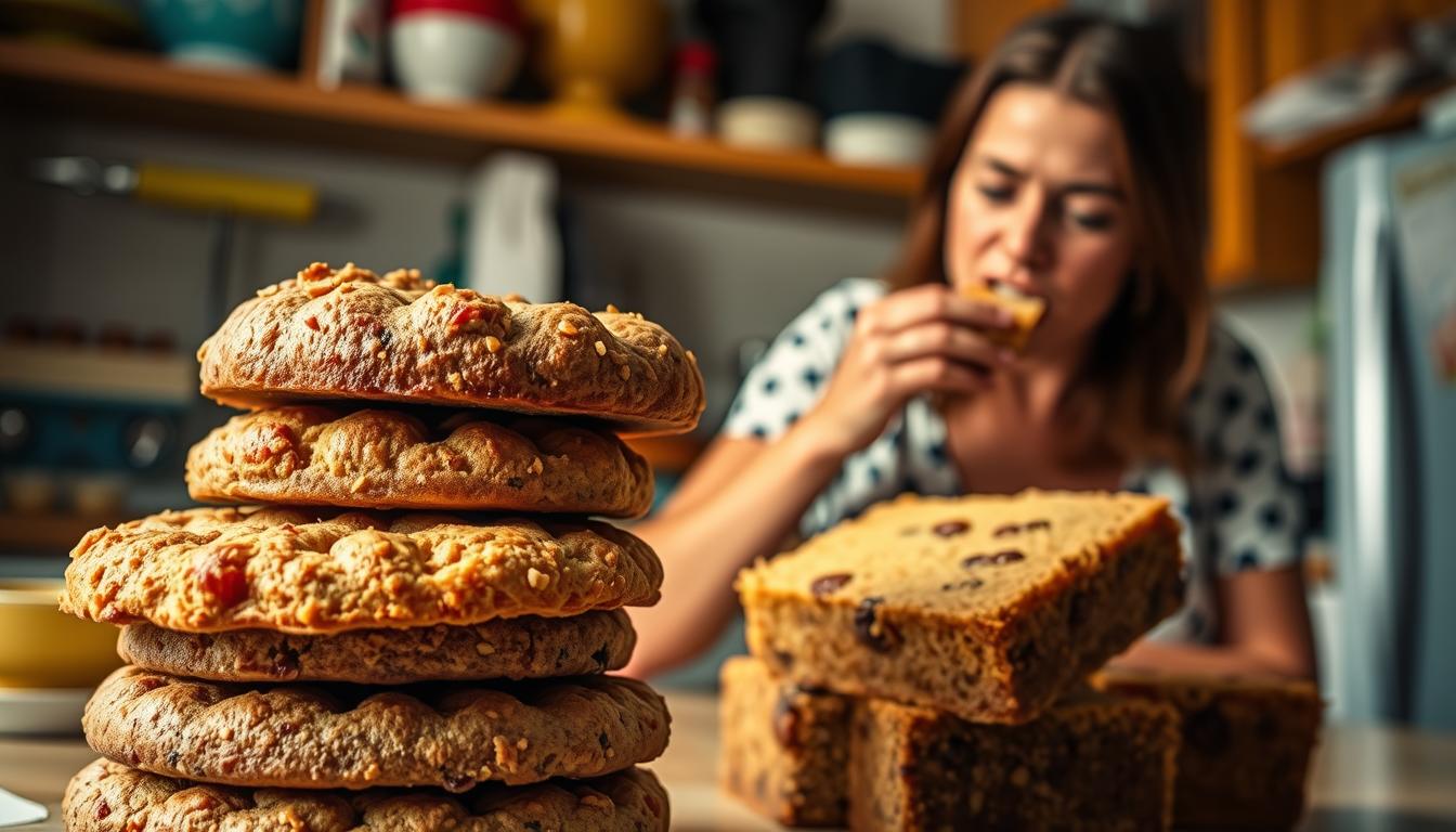 A visually compelling scene depicting the pitfalls of a gluten-free diet. In the foreground, a stack of tempting gluten-free baked goods from the Healthy Squire bakery, with a vibrant, warm lighting illuminating their indulgent textures. In the middle ground, a person indulging in these treats, their expression one of guilty pleasure. The background showcases a cluttered kitchen, hinting at the potential for weight gain and nutritional imbalance that can come with an unstructured gluten-free lifestyle. The overall mood is one of temptation and the potential consequences of unchecked indulgence, conveying the message that gluten-free doesn't necessarily mean lean.