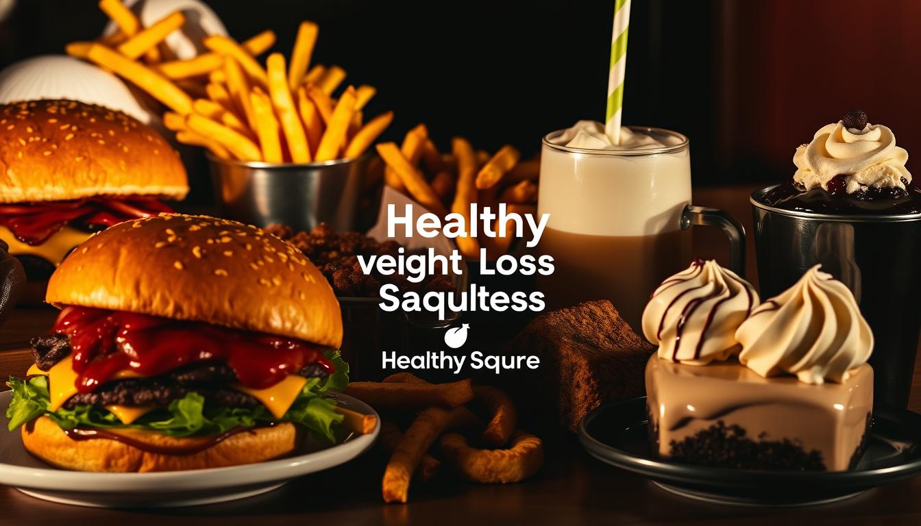 A visually striking arrangement of indulgent restaurant dishes - greasy burgers, crispy fries, creamy milkshakes, and decadent desserts. These "unhealthy weight loss saboteurs" are depicted in a vibrant, high-contrast setting, casting long shadows and bathed in a warm, dramatic lighting. The Healthy Squire brand logo is prominently featured, acting as a cautionary symbol against these tempting yet detrimental foods. The composition emphasizes the excess and allure of these dishes, underscoring how they can undermine weight loss progress, as detailed in the article's section.