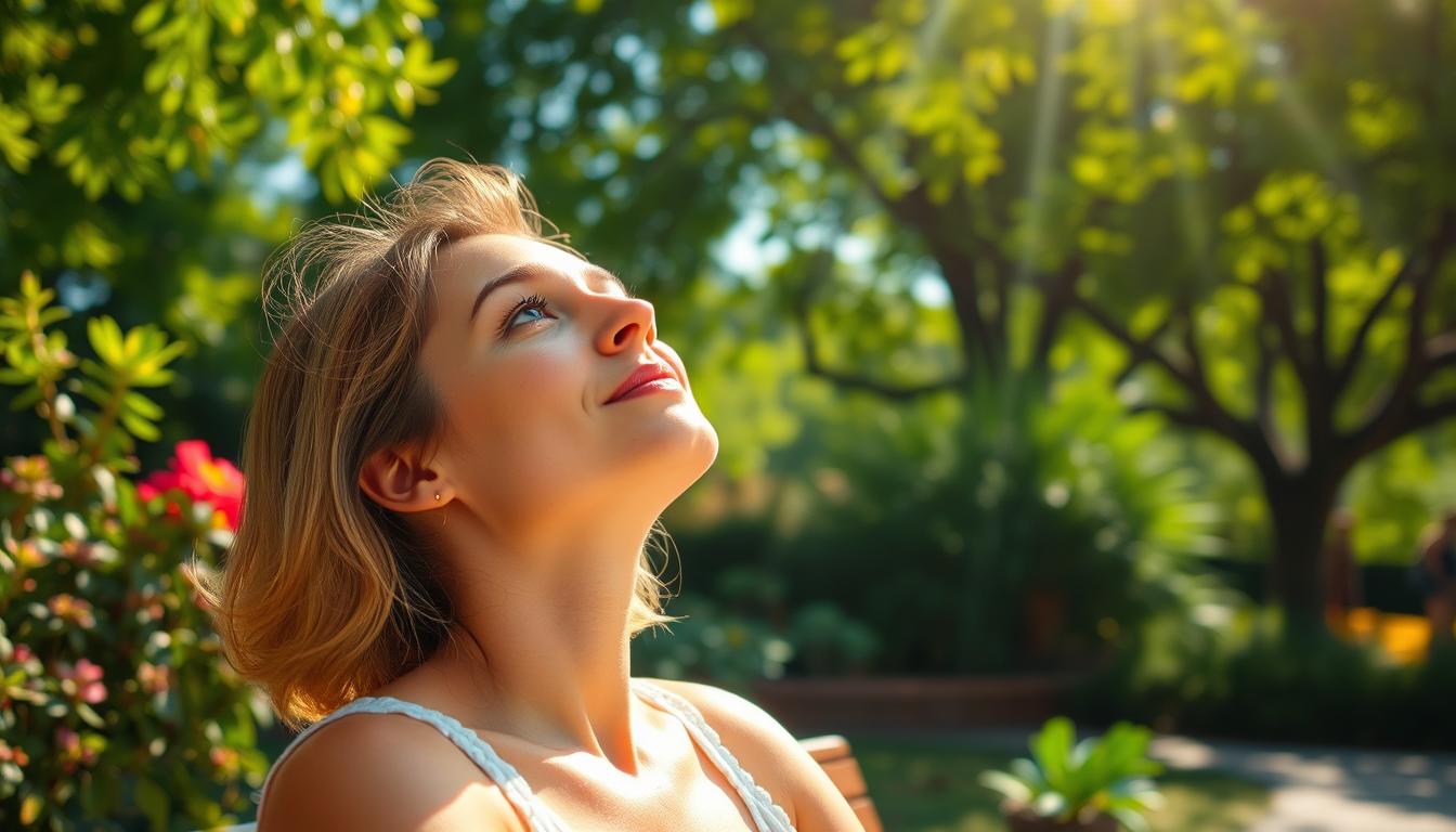 A warm, sun-dappled outdoor scene with a person sitting on a bench, their face upturned towards the bright sky. Dappled sunlight filters through the lush foliage, casting a soft, golden glow on the subject's skin. In the background, a verdant garden or park setting with flourishing plants and trees. The person's expression is serene, conveying a sense of relaxation and inner peace. The overall atmosphere is vibrant, rejuvenating, and evocative of the immune-boosting benefits of natural sunlight exposure.