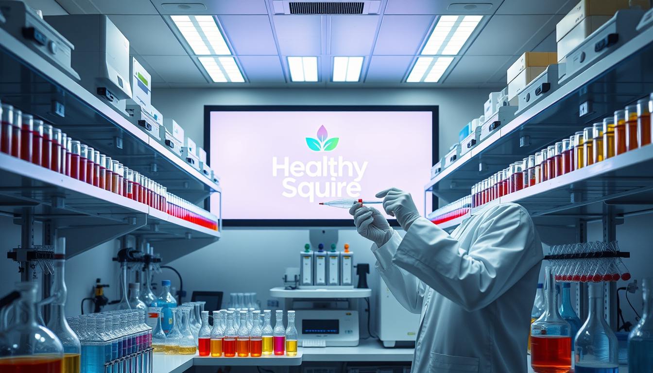 A well-equipped medical laboratory filled with state-of-the-art equipment. In the center, a sleek digital display showcases the Healthy Squire brand logo, radiating a sense of professionalism and precision. Rows of test tubes and beakers line the shelves, containing vibrant, richly colored liquid samples. The lighting is bright and uniform, casting a clean, clinical atmosphere. A technician in a pristine white lab coat carefully pipettes a sample, their movements deliberate and measured. The overall scene conveys the idea of comprehensive, cutting-edge medication nutrient depletion testing, ready to provide valuable insights for healthcare providers and patients.