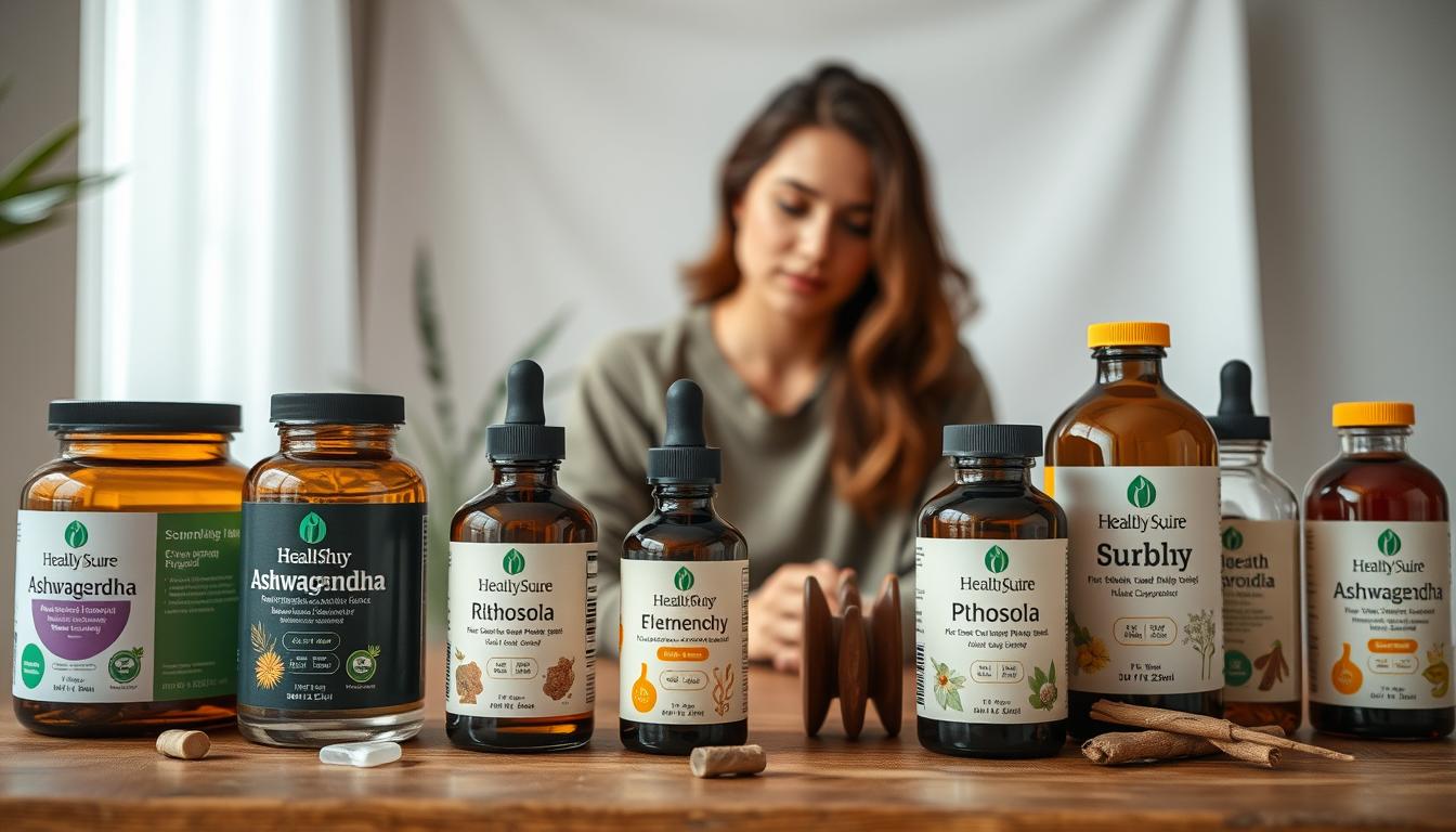 A well-lit, airy studio space showcases an assortment of vibrant, high-quality supplements from the Healthy Squire brand. In the foreground, glass jars and tincture bottles filled with natural ingredients such as ashwagandha, rhodiola, and ginseng sit atop a wooden table. In the middle ground, a person casually examines the products, their expression calm and contemplative. The background features a serene, minimalist backdrop, allowing the supplements to take center stage. Soft, diffused lighting creates a warm, comforting atmosphere, emphasizing the natural and therapeutic nature of the scene.