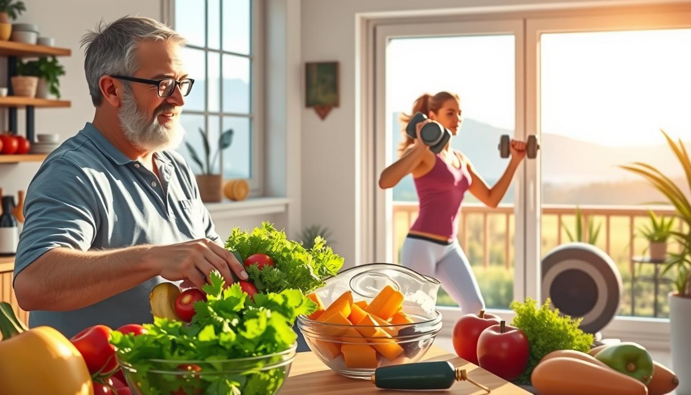 A well-lit, detailed illustration of a person engaging in healthy weight management techniques to naturally reverse insulin resistance. In the foreground, the "Healthy Squire" is shown making a nutritious meal with fresh produce. In the middle ground, the person is exercising with dumbbells in a vibrant, sunlit home gym. In the background, a window overlooks a picturesque outdoor scene, conveying a sense of balance and wellness. The overall atmosphere is positive, vibrant, and empowering, reflecting the article's guidance on overcoming insulin resistance through lifestyle changes.