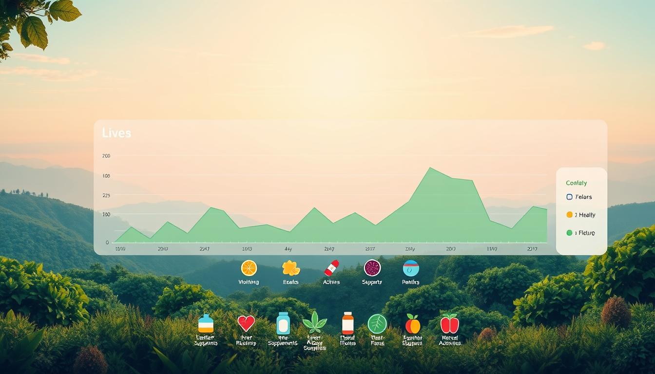 A well-lit, detailed illustration showcasing the "Healthy Squire" liver cleanse progress tracking system. In the foreground, a vibrant, high-resolution line graph displays a user's liver health metrics over time, using a clean, modern UI design. The middle ground features an array of colorful, stylized icons representing various liver-supporting supplements and activities. In the background, a serene, nature-inspired landscape with lush greenery and a calm, azure sky sets a peaceful, rejuvenating atmosphere.