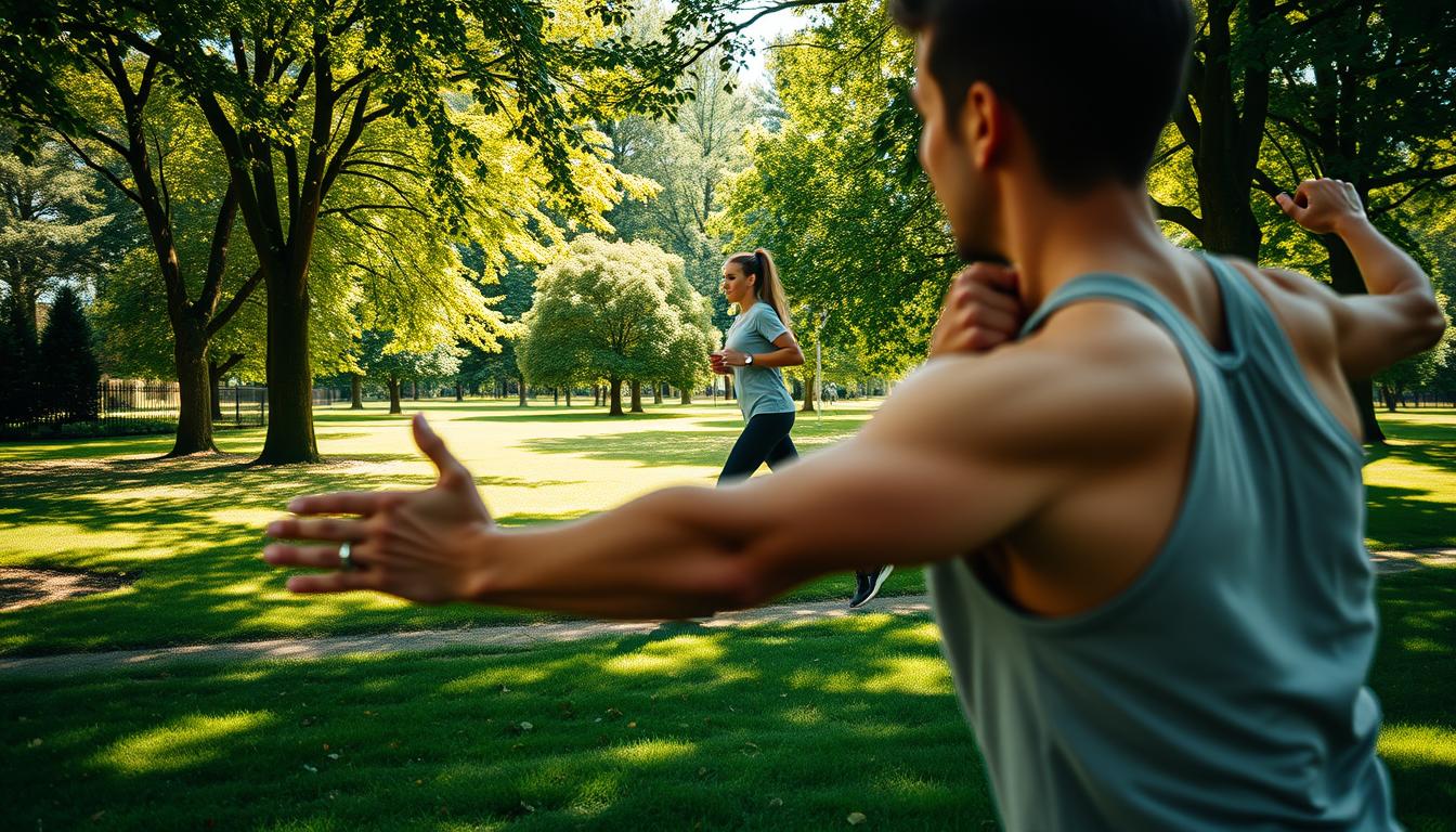 A well-lit, detailed scene depicting the hidden detox benefits of exercise. In the foreground, a person performing dynamic stretches, their body language exuding vigor and focus. The middle ground showcases a person jogging through a lush, vibrant park, sunlight filtering through the verdant foliage. In the background, a person performing strength-training exercises, their muscles toned and rippling. The scene radiates a sense of wellness, energy, and the body's natural cleansing processes through physical activity. Crisp, realistic lighting and a wide-angle lens capture the full scope of this vibrant, health-affirming tableau.