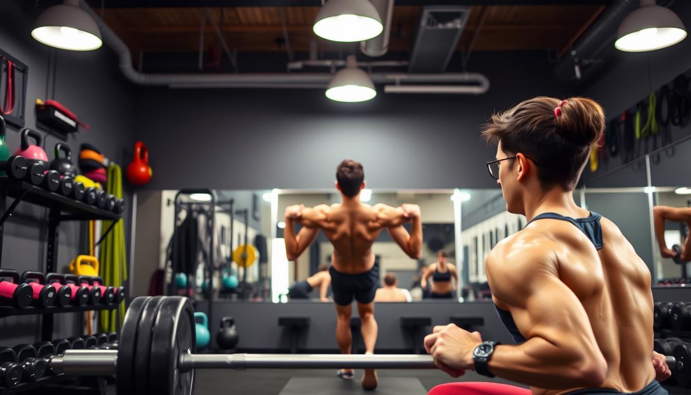 A well-lit gym interior, the foreground features a person performing a compound exercise like barbell squats, their muscles engaged as they lower into the squat. Surrounding them, various strength training equipment such as dumbbells, kettlebells, and resistance bands, all arranged in a vibrant, organized manner. The middle ground showcases a person doing push-ups, their core and arm muscles clearly defined. In the background, a wall-mounted mirror reflects the exercises, creating a sense of depth and emphasizing the importance of proper form. The overall atmosphere is one of focused, vibrant energy, inspiring viewers to engage in strength training for visceral fat reduction.