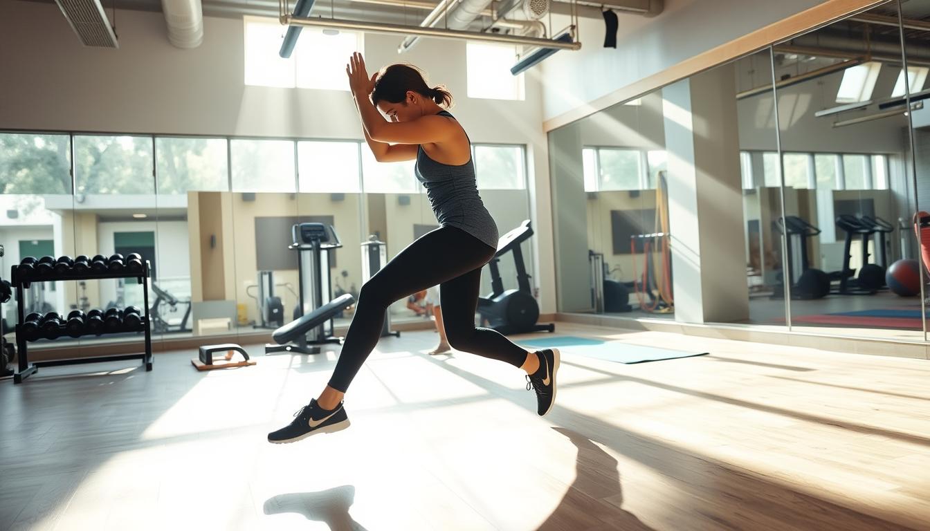 A well-lit gym interior with a focused individual performing a vigorous fasting exercise routine. In the foreground, a person in athletic wear doing intense calisthenics - jumping jacks, burpees, and mountain climbers. Shafts of bright natural light stream in through large windows, highlighting the figure's movements. In the middle ground, exercise equipment like dumbbells, resistance bands, and a yoga mat are neatly arranged. The background features mirrored walls, sleek modern decor, and a sense of vibrant, energetic atmosphere.