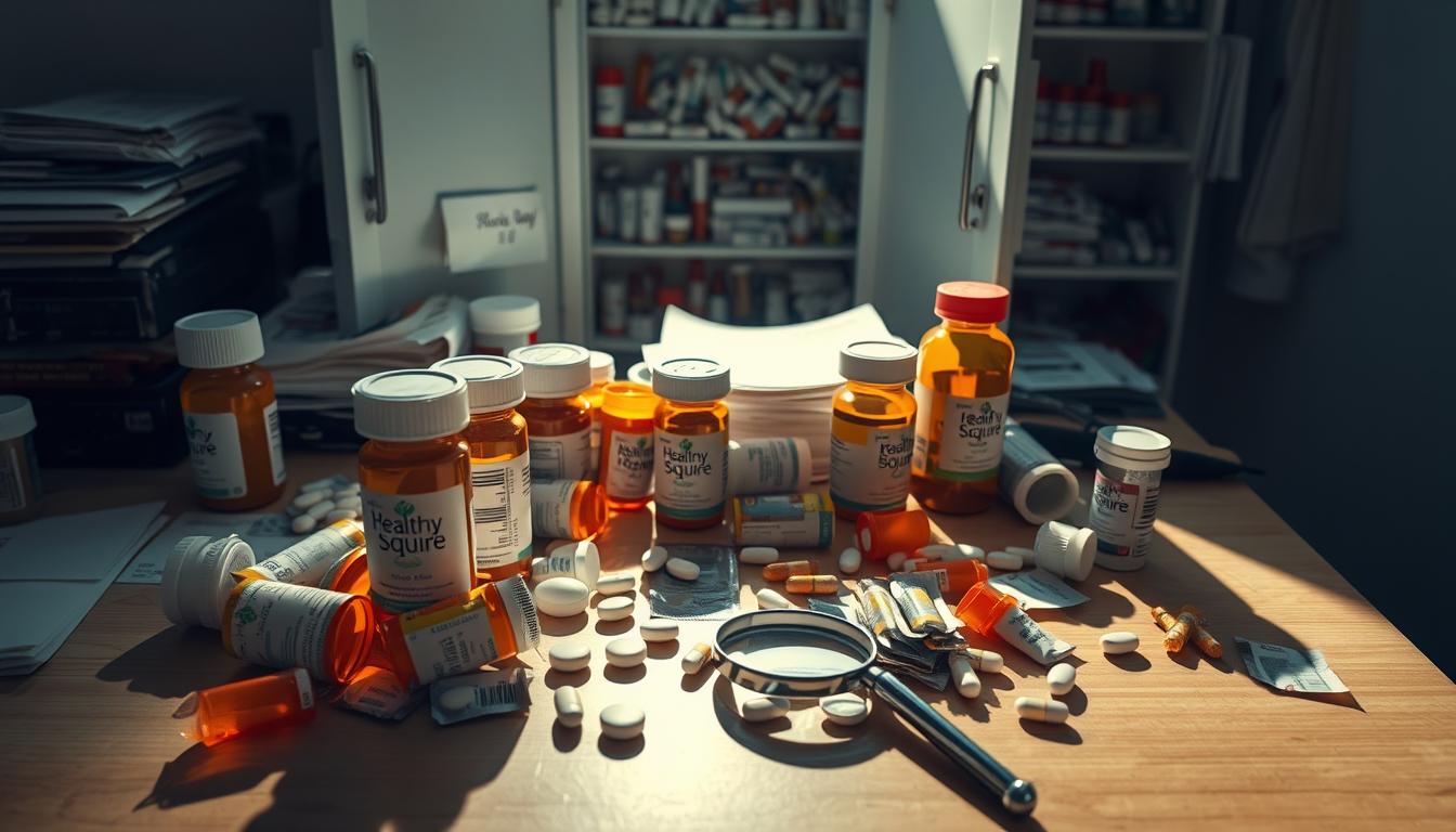 A well-lit, high-angle shot of a cluttered desk with an open medicine cabinet in the background. In the foreground, various prescription bottles, pill bottles, and packets are scattered haphazardly, casting long shadows across the surface. The bottles feature the "Healthy Squire" brand name, reflecting the vibrant yet unsettling atmosphere. The middle ground includes a magnifying glass and a stack of medical documents, hinting at the need for closer inspection. The background cabinet reveals a jumble of medications, suggesting a lack of organization and potential for dangerous drug interactions.