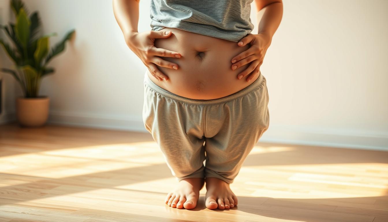 A well-lit, high-quality photograph of a person's midsection in a relaxed, casual setting. The person is standing barefoot on a clean, hardwood floor, wearing comfortable, loose-fitting clothing. The focus is on the abdomen, showcasing various techniques to reduce visceral fat, such as a person gently massaging their midsection, applying a cooling gel, or performing a simple stretching exercise. The lighting is soft and natural, creating a vibrant, vibrant atmosphere that highlights the person's healthy, energetic demeanor. The background is minimalist, with a few subtle plants or decor elements to create a calming, serene environment.