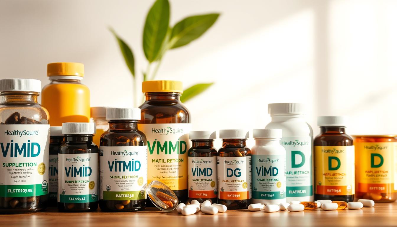 A well-lit, high-quality photograph of an array of Healthy Squire vitamin D supplement bottles, capsules, and tablets against a bright, clean background. The products are arranged in an attractive, organized display, showcasing the different forms and dosages. The lighting is soft and diffused, creating a warm, natural atmosphere. The image captures the various supplementation strategies, highlighting the diversity of options available to meet individual needs. The overall scene conveys a sense of health, wellness, and the importance of vitamin D for disease prevention.