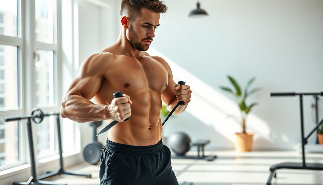 A well-lit, high-resolution image of a person performing resistance training exercises to reduce visceral fat. The foreground depicts a muscular individual in athletic wear, using resistance bands or free weights to target the core and abdominal muscles. The middle ground showcases a modern, minimalist home gym setting with sleek, contemporary equipment. The background is a bright, airy space with large windows, allowing natural light to flood the scene, creating a vibrant, energetic atmosphere. The overall composition conveys the importance of an active, strength-training lifestyle for visceral fat reduction. A well-lit, high-resolution image of a person performing resistance training exercises to reduce visceral fat. The foreground depicts a muscular individual in athletic wear, using resistance bands or free weights to target the core and abdominal muscles. The middle ground showcases a modern, minimalist home gym setting with sleek, contemporary equipment. The background is a bright, airy space with large windows, allowing natural light to flood the scene, creating a vibrant, energetic atmosphere. The overall composition conveys the importance of an active, strength-training lifestyle for visceral fat reduction.