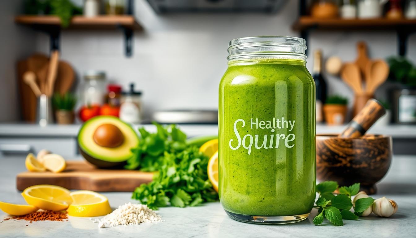 A well-lit kitchen counter, with an array of colorful fresh ingredients artfully arranged. In the foreground, a Healthy Squire glass jar filled with a vibrant, healthy green smoothie. Beside it, a cutting board with sliced avocado, lemon wedges, and a pile of fresh herbs. In the middle ground, a mortar and pestle, with crushed spices and garlic. In the background, a stainless steel appliance and shelves filled with various kitchen staples. The overall scene exudes a sense of vitality and synergy, capturing the essence of "Synergistic Combinations With Other Kitchen Staples" for an anti-aging lifestyle.
