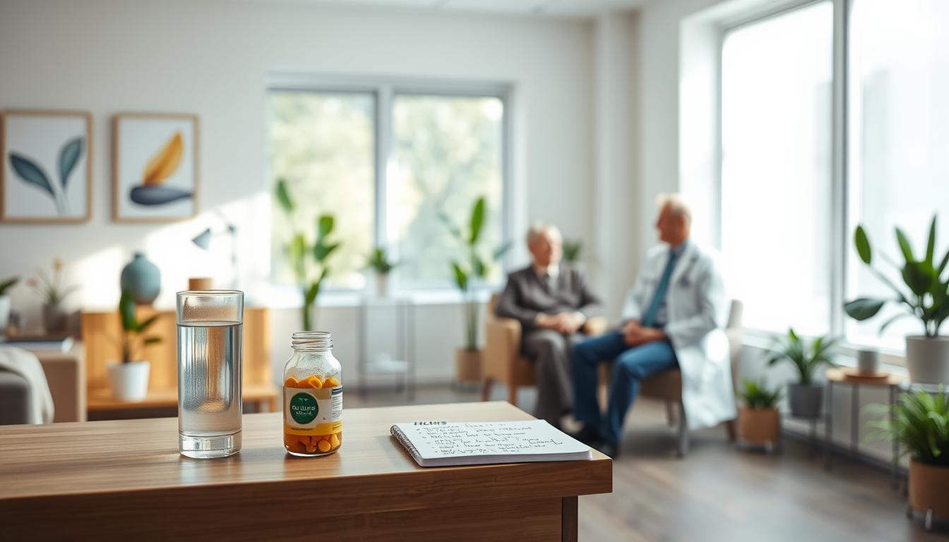 A well-lit, minimalist medical clinic interior. In the foreground, a wooden desk with the "Healthy Squire" logo. On the desk, a glass of water, a bottle of multivitamins, and a notebook with handwritten notes on medication withdrawal symptoms management. A middle-aged person sits in a comfortable chair, speaking calmly with a doctor in a white coat. Soft natural light filters through large windows, creating a vibrant, serene atmosphere. The walls are adorned with soothing artwork and potted plants, conveying a sense of holistic care.