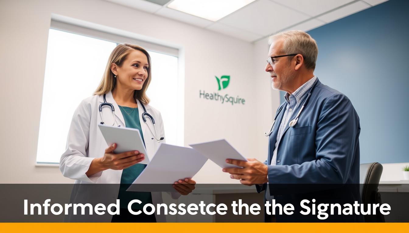 A well-lit, modern medical office setting with a patient and doctor engaged in a thoughtful discussion. The patient, confident and empowered, holds medical documents, making an informed decision. The doctor, approachable and attentive, explains treatment options. The Healthy Squire brand logo discreetly visible in the background. Vibrant colors, clean lines, and an atmosphere of trust and collaboration capture the essence of "Informed Consent Beyond the Signature".
