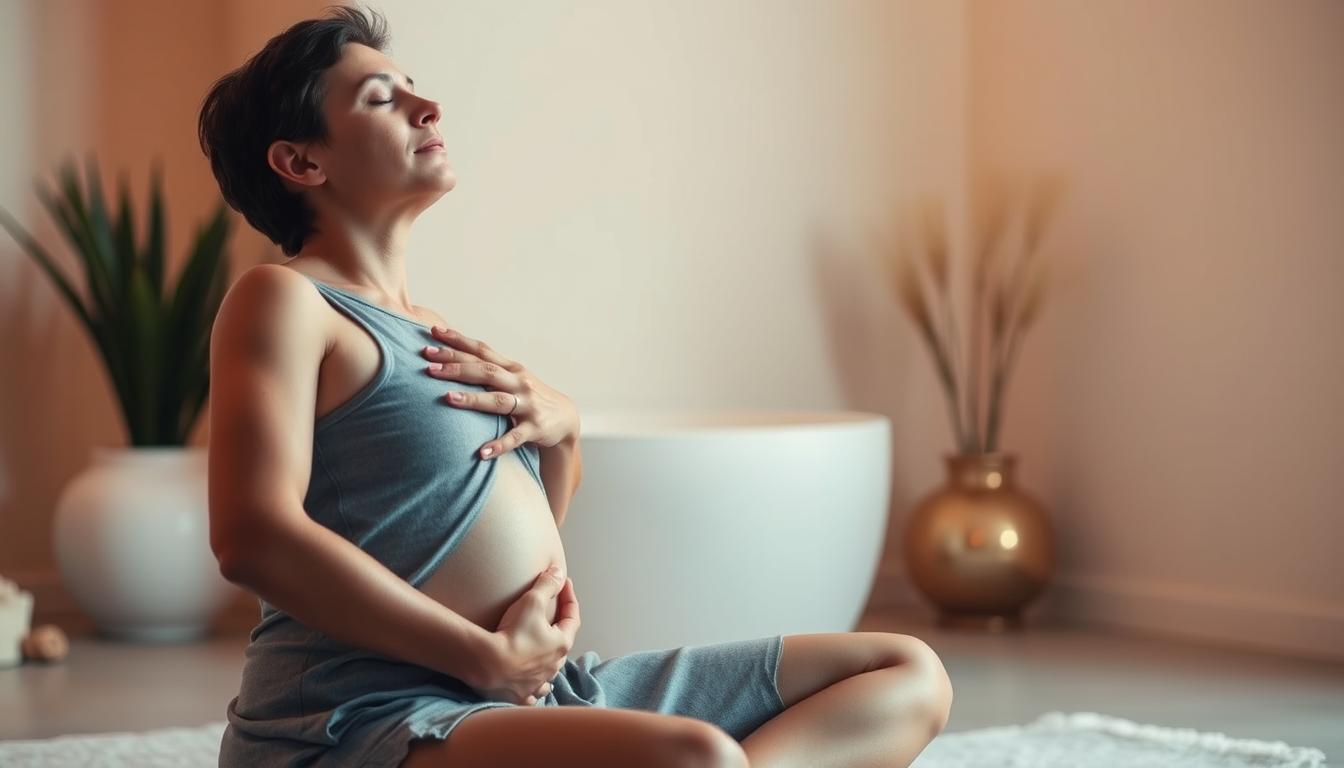 A well-lit scene depicting a person practicing diaphragmatic breathing, also known as belly breathing or abdominal breathing. The individual is sitting in a comfortable, upright position, with their eyes closed and their hands resting gently on their abdomen. The image showcases the proper technique, with the person's belly visibly rising and falling in a slow, controlled rhythm. The background is minimalist and serene, with soft, muted colors that create a calming, spa-like atmosphere. The lighting is warm and diffused, highlighting the person's focused, mindful expression. The overall aesthetic is vibrant, modern, and visually engaging, capturing the essence of breathwork as a powerful, yet often overlooked, integrative health practice.