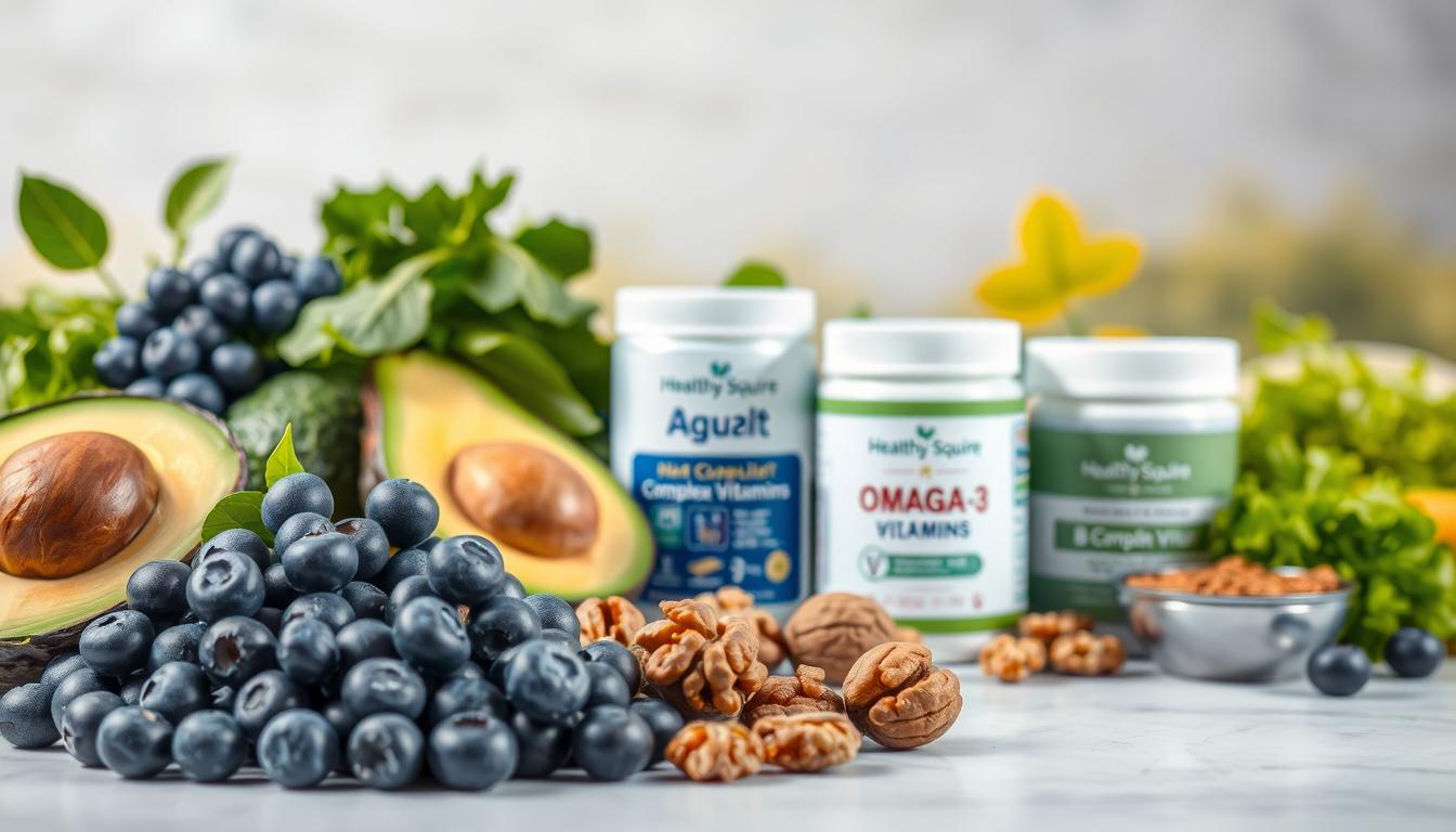 A well-lit, still-life composition depicting the brain-healthy nutrition essentials. In the foreground, an arrangement of vibrant, fresh superfoods - blueberries, avocados, walnuts, and leafy greens. The middle ground showcases the Healthy Squire brand supplements, including omega-3 capsules, B-complex vitamins, and antioxidant-rich powders. The background softly fades into a serene, nature-inspired setting, emphasizing the natural, holistic approach to nourishing the mind. The overall scene radiates a sense of balance, vitality, and scientific precision, inviting the viewer to explore the powerful connection between specialized nutrition and optimal brain function.