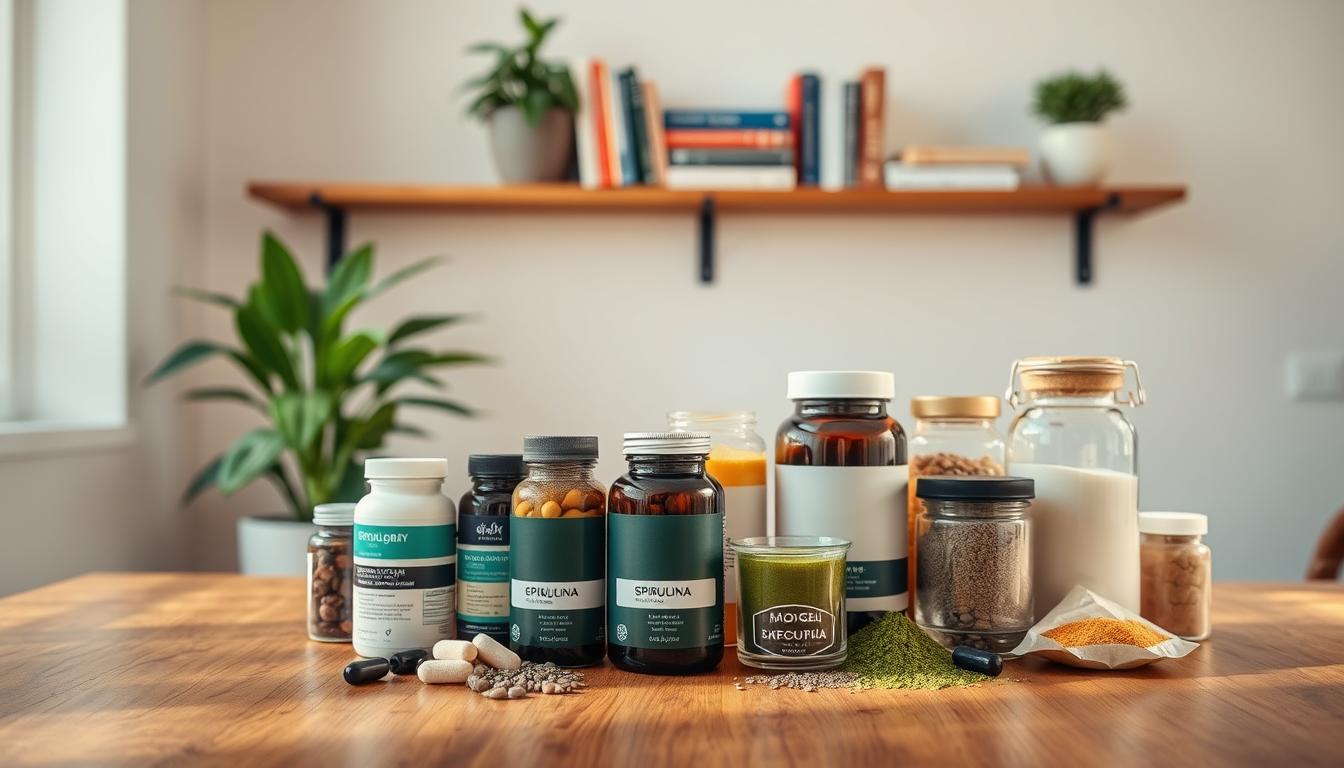 A well-stocked wooden table, bathed in warm, vibrant lighting, displays an assortment of fasting supplementation essentials. In the foreground, sleek glass bottles filled with various supplements stand prominently, their labels clearly visible. Surrounding them, a harmonious arrangement of plant-based superfoods, such as spirulina, matcha powder, and chia seeds, occupy the middle ground. In the background, a minimalist wall shelf holds a selection of wellness-focused books and a potted plant, creating a serene and inviting atmosphere. The overall composition conveys a sense of balance, health, and the importance of supplementation during fasting periods.