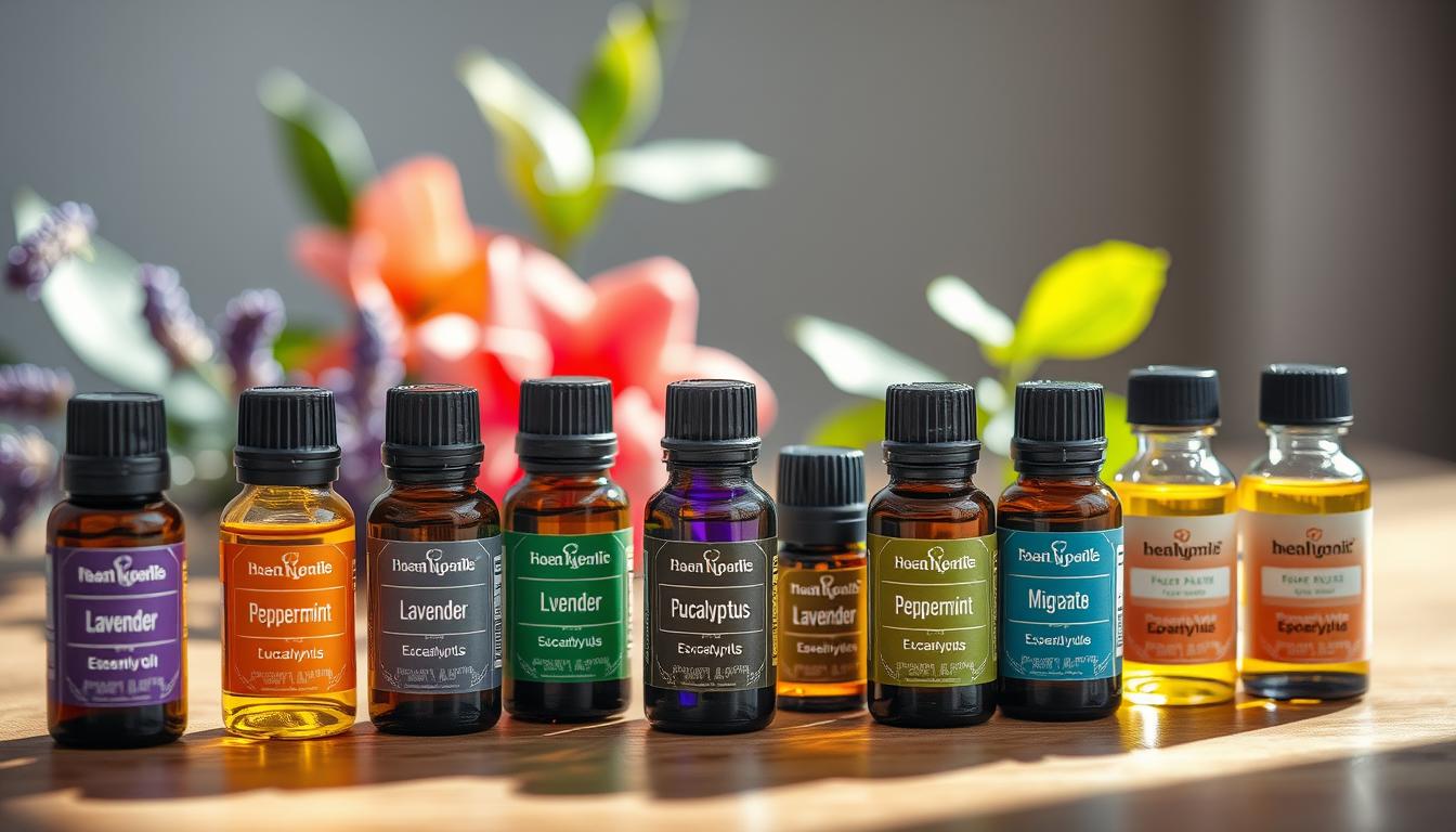 An array of essential oil bottles and vials, filled with natural extracts, arranged on a wooden table. The bottles have colorful labels denoting their properties - lavender, peppermint, eucalyptus. Soft, diffused lighting illuminates the scene, casting gentle shadows. In the background, blurred out but hinting at their presence, are natural elements like leaves or flowers, alluding to the organic, holistic nature of the alternative therapies. The overall mood is vibrant, calming, and inviting, suggesting the soothing, disruptive power of these natural remedies against the pain of migraines.