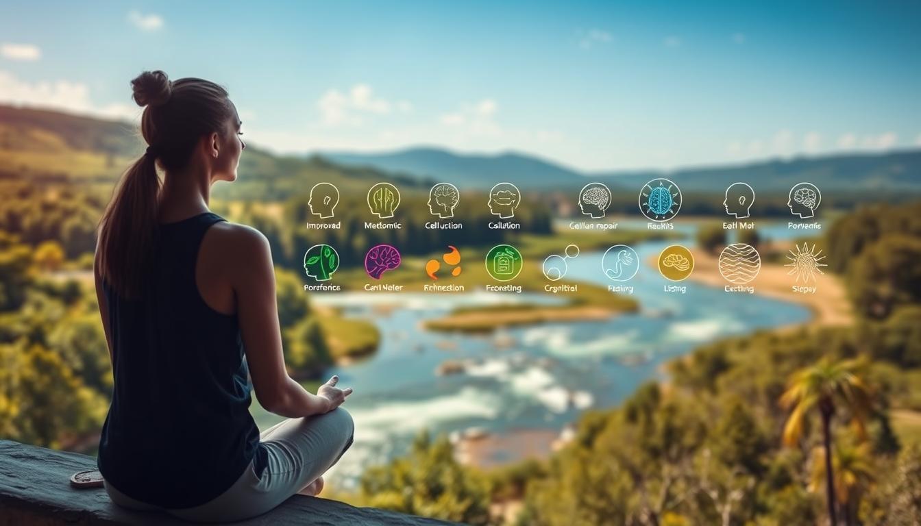 An expansive panoramic image depicting the multifaceted health benefits of fasting. In the foreground, a person sitting in a meditative pose, their face serene and contemplative. The middle ground showcases a diverse array of vibrant icons symbolizing improved metabolic function, cellular repair, and cognitive enhancement. In the background, a serene landscape with lush greenery, a flowing river, and a clear, azure sky, evoking a sense of harmony and balance. The lighting is soft and diffused, creating a warm, inviting atmosphere. The overall composition conveys the holistic, restorative nature of the fasting experience beyond weight loss.
