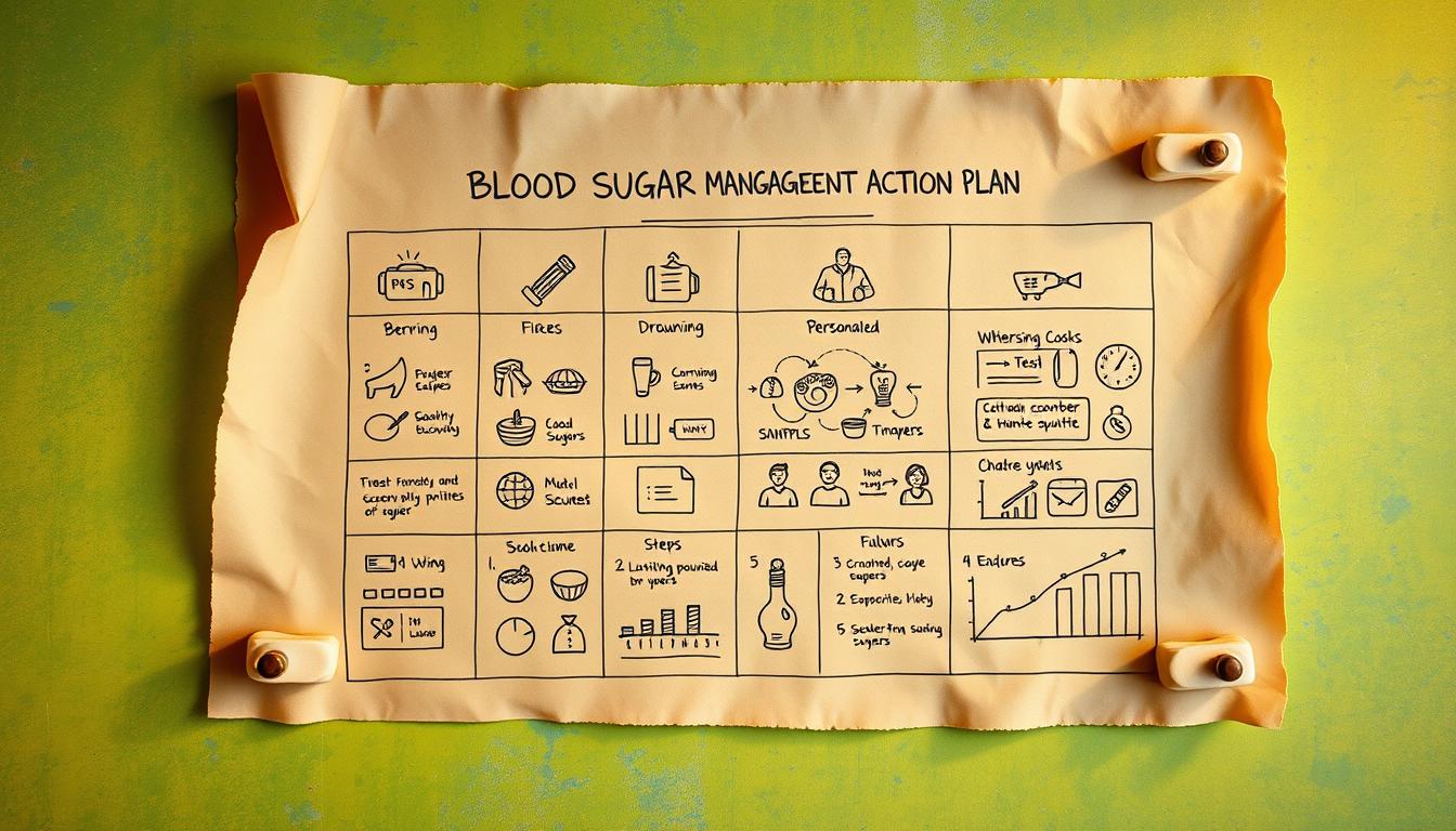 An intricate blueprint for "blood sugar management action plan" by Healthy Squire, showcased on a weathered parchment paper against a vibrant background. The plan is composed of distinct sections detailing personalized steps, visually represented through hand-drawn icons, graphs, and charts. Warm, golden lighting illuminates the scene, casting subtle shadows that add depth and dimension. The overall atmosphere conveys a sense of thoughtful planning and empowerment, beckoning the viewer to dive into crafting their own tailored approach to managing blood sugar levels.