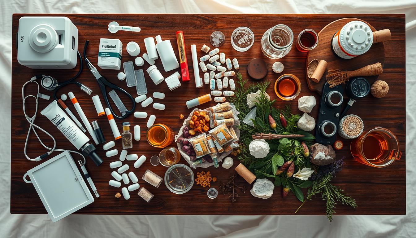 An overhead view of a table divided into two halves, one side displaying conventional medical instruments, prescription drugs, and diagnostic equipment, while the other side showcases natural remedies, herbs, crystals, and holistic healing tools. The contrast is stark, with the conventional side appearing clinical and sterile, while the holistic side is warm, earthy, and vibrant. Soft, diffused lighting casts a serene glow over the scene, emphasizing the cultural divide between the two healthcare approaches. The table is set against a backdrop of a pastel-hued, dreamy landscape, suggesting a peaceful, contemplative atmosphere.