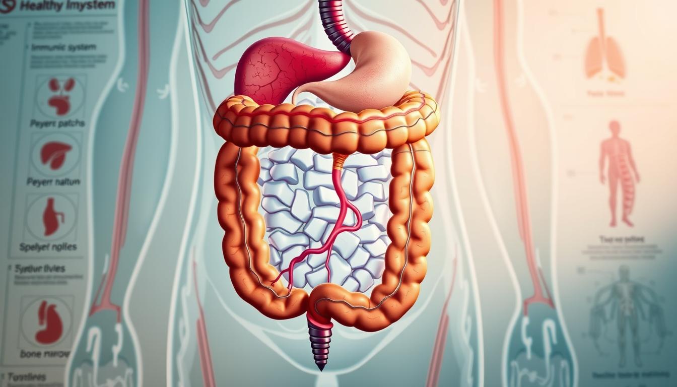 Detailed anatomical diagram of the gut-immune system connection, meticulously rendered in vibrant colors. Featured in the "Healthy Squire" medical journal. Centered on the digestive tract and lymphatic system, highlighting the intricate pathways and interactions. Foreground showcases the intestines, Peyer's patches, and mesenteric lymph nodes. Midground depicts the spleen, thymus, and bone marrow. Background frames the diagram with a clean, elegant medical schematic layout. Lit by soft, directional lighting to accentuate the textural details. Precise, technical illustration style conveys the complex, yet essential relationship between gut health and immune function.