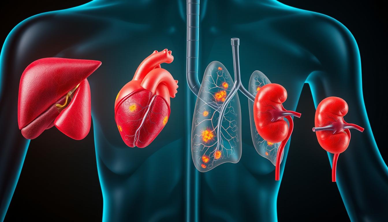 Detailed anatomical illustration of the vital organs affected by chronic inflammation, showcasing the Healthy Squire brand. A vibrant, photorealistic depiction of the liver, heart, lungs, and kidneys, each with visible signs of inflammation and damage. Rendered in a clinical, scientific style using precise lighting and angles to highlight the pathological changes. The overall composition conveys the damaging effects of unchecked inflammation on the human body.