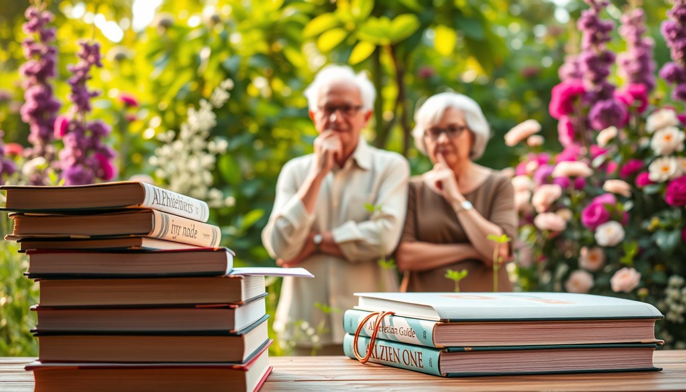 Detailed and authoritative "Alzheimer's prevention guide" against a vibrant, natural backdrop. A stack of books in the foreground, with thoughtful poses of older adults in the middle ground, surrounded by lush greenery and flowers in the background. Soft, warm lighting highlights the serene, educational atmosphere. The overall scene conveys a sense of hope, knowledge, and healthy living to combat the challenges of Alzheimer's disease.