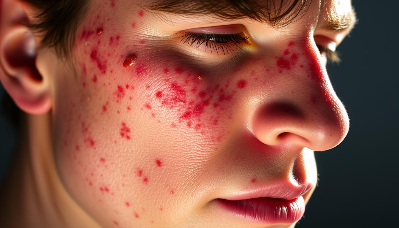 Detailed close-up of stress-induced skin inflammation on the face. Prominent redness, irritation, and small bumps scattered across the forehead, cheeks, and chin. Uneven texture and dryness visible, with a slightly shiny, oily appearance. Bright, directional lighting from the side casts dramatic shadows, highlighting the irregular surface of the troubled skin. Lens focused tightly to capture the intricate, inflamed details in vivid clarity. Conveys a sense of discomfort, tension, and the silent struggles of chronic stress affecting one's complexion. Vibrant, yet unsettling skin condition.