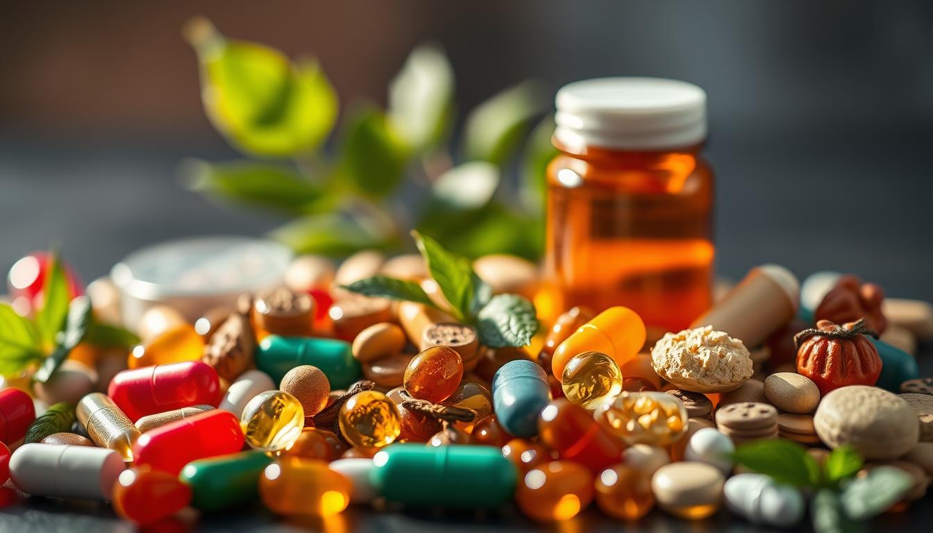 Detailed close-up of various micro-nutrients arranged in a visually appealing composition, including vibrant capsules, tablets, and extracts of vitamins, minerals, and antioxidants essential for heart health. Soft, warm lighting illuminates the foreground, casting gentle shadows and highlights to showcase the textures and colors. The middle ground features a blurred background of a lush, green plant or leaves, symbolizing the natural, organic sources of these vital micro-nutrients. The overall mood is one of health, vitality, and the hidden power of small but mighty nutritional components that support cardiovascular function.