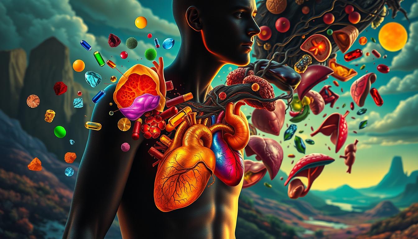 Detailed scene of a nutritional imbalance domino effect: a cascading display of human organs, each representing a specific vitamin or mineral deficiency. Foreground shows a central figure, their body disrupted by an array of colorful, abstract shapes symbolic of the imbalance. Middle ground features a collection of visceral, anatomical elements - heart, liver, lungs - each glowing with a distinct hue indicative of an underlying nutrient issue. Background has a vibrant, surreal landscape with stylized environmental cues, creating a sense of organic, dynamic interconnectedness. Lighting is dramatic, theatrical, using chiaroscuro to highlight the delicate, precarious nature of the physiological systems. Rendered in a striking, impressionistic style that conveys the gravity and urgency of the nutritional imbalance risks.