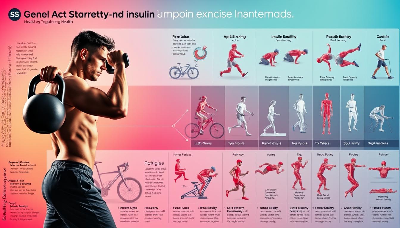 Detailed sports science diagram showcasing Healthy Squire's insulin sensitivity improvement exercise strategies. Foreground features a muscular athlete performing dynamic resistance training with kettlebells against a vibrant, gradient-filled background. Middle ground depicts a variety of cardio exercises like cycling, rowing, and swimming. Background highlights anatomical illustrations of muscle groups and metabolic processes. Crisp, high-resolution image with dramatic cinematic lighting and a clean, modern aesthetic. Conveys an informative yet motivational tone to inspire metabolic health.