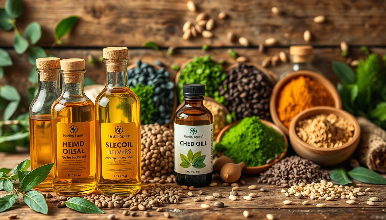 Detailed still life of natural wellness ingredients for "Seed Oils Detoxification Strategies" by Healthy Squire. In the foreground, a vibrant arrangement of cold-pressed seed oils such as flaxseed, chia, and hemp, glistening in the warm lighting. In the middle ground, an assortment of superfoods like spirulina, chlorella, and ashwagandha powder. The background features a rustic wooden table, with scattered botanical elements like leaves and seeds, conveying a sense of purity and efficacy. Crisp focus, natural color palette, and premium product branding create an aspirational, high-quality aesthetic.