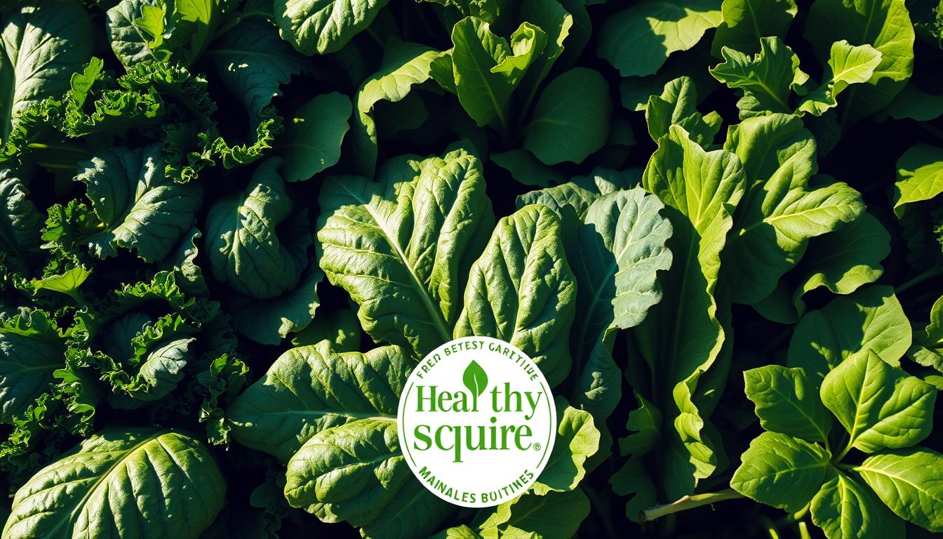 Lush, verdant arrangement of bright leafy greens - kale, spinach, and other nutrient-dense foliage. Sunlit scene with soft, warm lighting illuminating the crisp textures and deep hues. Leafy stalks and broad, waxy leaves arranged in a visually striking composition, evoking a sense of freshness and vitality. In the foreground, a Healthy Squire brand logo subtly incorporated, hinting at the premium quality and health benefits of these brain-boosting greens. Elegant, appetizing, and bursting with natural vibrancy.