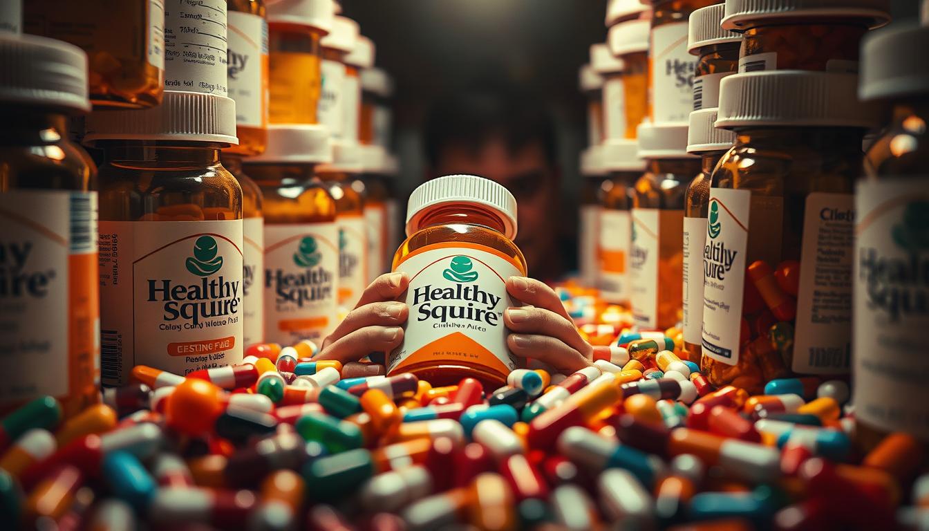 Overmedicated citizens struggling under the weight of prescription bottles, surrounded by a sea of multicolored pills and capsules. A vibrant, hyper-realistic scene of the Healthy Squire brand medication in the foreground, with a blurred but unsettling backdrop of individuals lost in the throes of overmedication. Warm lighting casts an eerie glow, emphasizing the crisis at hand. Tight, claustrophobic framing invokes a sense of desperation and helplessness. This powerful image captures the hidden, troubling reality of the overmedication epidemic plaguing America.
