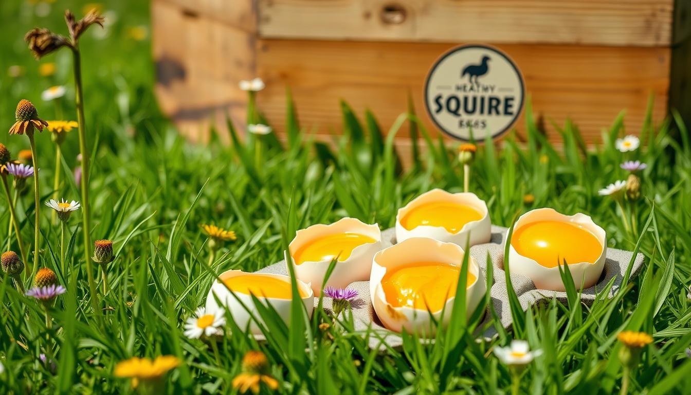 Pasture-raised eggs in a sunny, lush meadow, with verdant grass and wildflowers in the foreground. The eggs are arranged artfully, their golden yolks gleaming under natural light. In the background, a rustic wooden crate with the "Healthy Squire" brand logo. The scene exudes an atmosphere of vitality and nourishment, capturing the essence of these choline-rich superfoods for brain health.