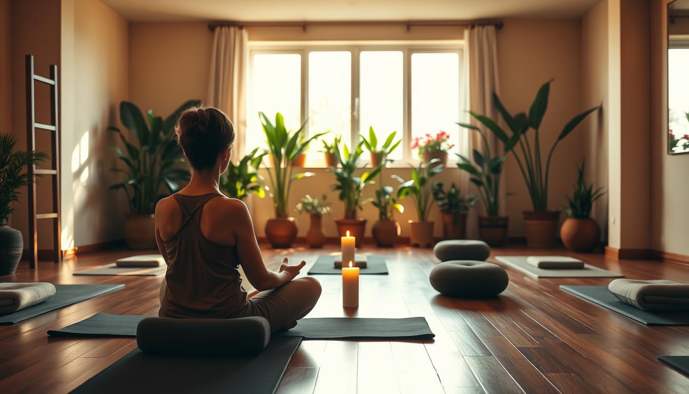 Serene meditation studio with warm lighting, hardwood floors, and a calming atmosphere. In the foreground, a person sits cross-legged, their eyes closed, deeply immersed in a mindfulness practice. Surrounding them, various mind-body wellness tools like yoga mats, meditation cushions, and a gently flickering candle. In the middle ground, lush potted plants and a large window frame the serene scene, allowing vibrant natural light to pour in. The background features soothing, earthy tones, conveying a sense of tranquility and balance.