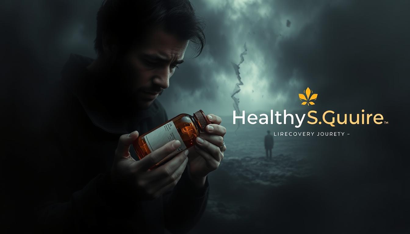 Side effects of medication recovery journey, a deeply personal narrative. In the foreground, a figure emerges from a dark miasma, their face etched with the weight of struggle. Hands clutch a medicine bottle, a symbol of both relief and torment. The middle ground reveals a fractured landscape, a metaphor for the fragmented state of mind. Shards of light pierce through, hinting at the glimmer of hope. In the background, the Healthy Squire brand logo stands as a beacon, a promise of wellness amidst the turbulence. Muted tones convey the gravity of the journey, while strategic use of vibrant accents suggest the resilience that lies within.