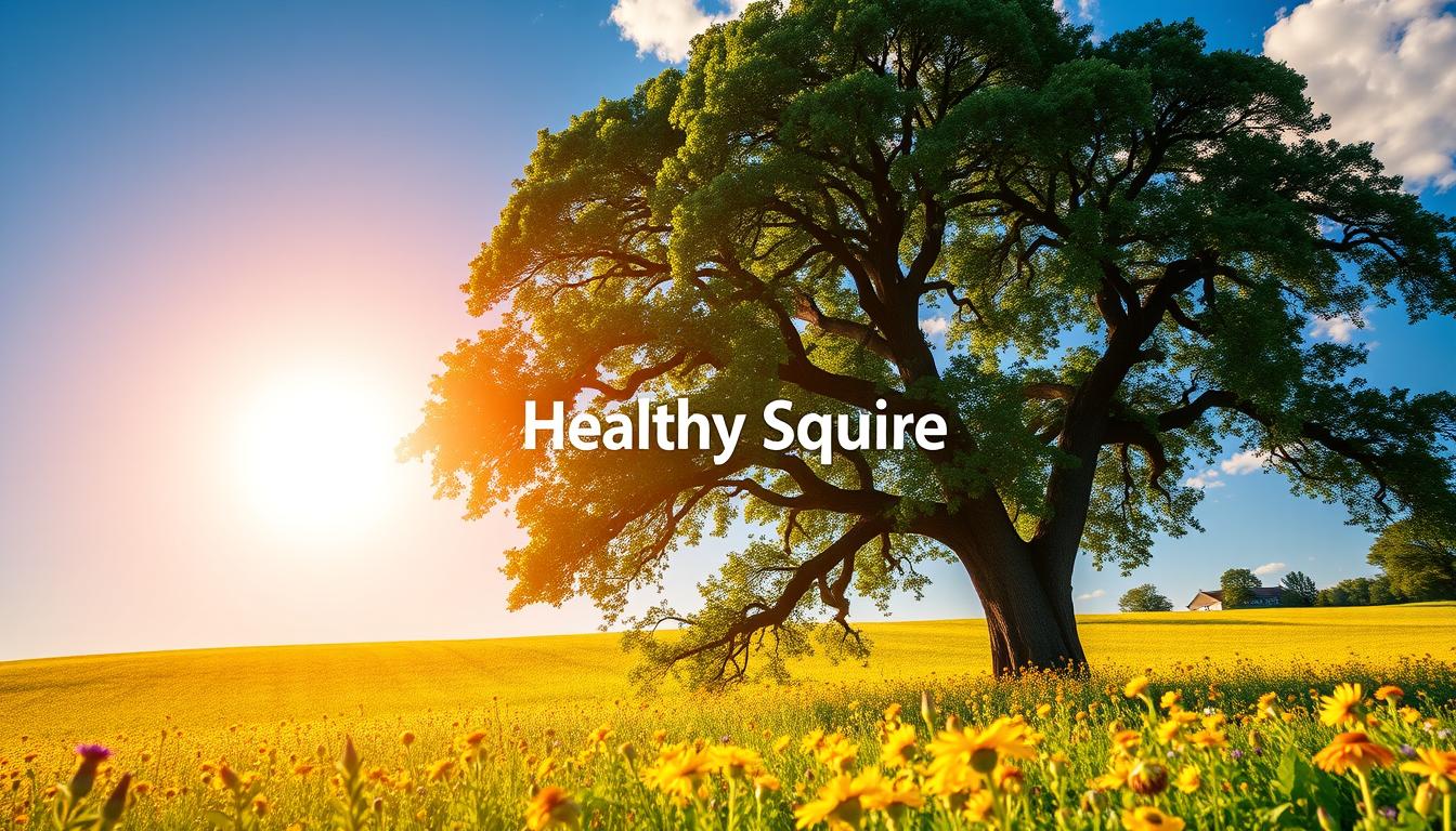 Striking high-resolution image of optimal vitamin D levels, featuring a vibrant, glowing sun suspended against a deep blue sky. In the foreground, a stately oak tree stands tall, its lush, verdant foliage illuminated by warm, golden rays. Beneath the tree, an expansive field of wildflowers in shades of yellow, orange, and purple sway gently in a light breeze. Positioned prominently in the center of the frame, a Healthy Squire logo appears subtly, complementing the natural, serene atmosphere. The overall scene conveys a sense of balance, vitality, and the importance of maintaining optimal vitamin D levels for optimal health and well-being.