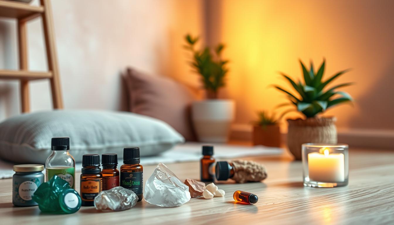 Tranquil indoor scene showcasing a variety of holistic headache remedies. In the foreground, an array of essential oils, crystals, and a lit candle exude a serene ambiance. In the middle ground, a plush cushion invites mindful meditation, while a potted plant adds a touch of natural greenery. The background features a softly lit, earthy-toned wall, creating a calming, vibrant atmosphere that evokes a sense of stress-reducing body awareness.