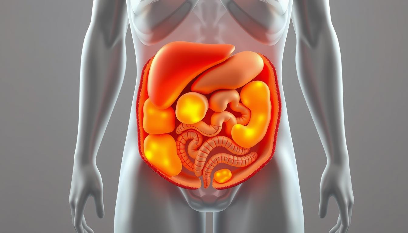 Vibrant 3D cross-section diagram depicting the accumulation of visceral fat within the human abdomen. Detailed anatomical rendering showcasing the deposition of fat around vital organs, including the liver, intestines, and pancreas. Centered composition with a neutral grey background, emphasizing the visceral fat deposits in warm hues of orange and yellow. Soft lighting from the left side casts subtle shadows, adding depth and dimensionality. Technical precision in the rendering of the internal structures, with a sense of scientific accuracy and clinical examination. Vibrant 3D cross-section diagram depicting the accumulation of visceral fat within the human abdomen. Detailed anatomical rendering showcasing the deposition of fat around vital organs, including the liver, intestines, and pancreas. Centered composition with a neutral grey background, emphasizing the visceral fat deposits in warm hues of orange and yellow. Soft lighting from the left side casts subtle shadows, adding depth and dimensionality. Technical precision in the rendering of the internal structures, with a sense of scientific accuracy and clinical examination.