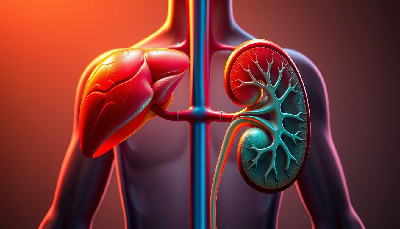 Vibrant anatomical illustration depicting the human body's natural detox systems. In the foreground, the liver and kidneys are prominently featured, their intricate structures and functions rendered in vivid detail. The liver, a central organ of detoxification, is showcased in a warm, amber hue, its lobes and lobules clearly defined. The kidneys, responsible for filtering waste and regulating fluid balance, are portrayed in a cool, blue-green tone, their twin bean-shaped forms placed symmetrically. In the middle ground, the circulatory system's vessels carry the filtered blood, creating a dynamic network of crimson and azure. The background features a simplified, stylized representation of the human silhouette, emphasizing the integration of these vital detox organs within the body's overall framework. Dramatic lighting casts shadows and highlights the three-dimensional forms, lending a sense of depth and realism to the composition.