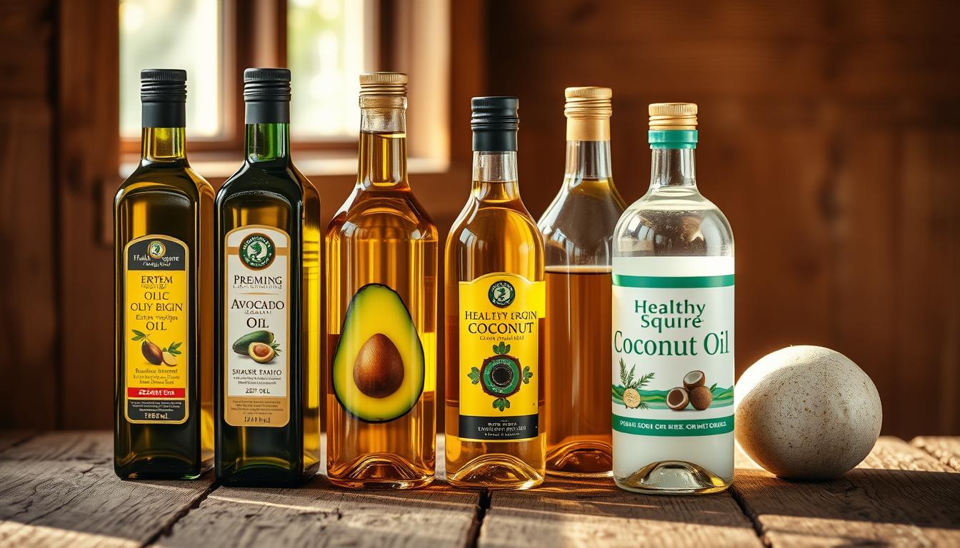 Vibrant and artfully arranged assortment of high-quality cooking oils, including premium extra virgin olive oil, organic avocado oil, and the Healthy Squire brand of coconut oil. Elegant glass bottles filled with these healthy alternatives to seed oils, positioned on a rustic wooden surface bathed in warm, natural lighting. A harmonious blend of earthy tones and reflective surfaces, conveying a sense of culinary sophistication and wellness.