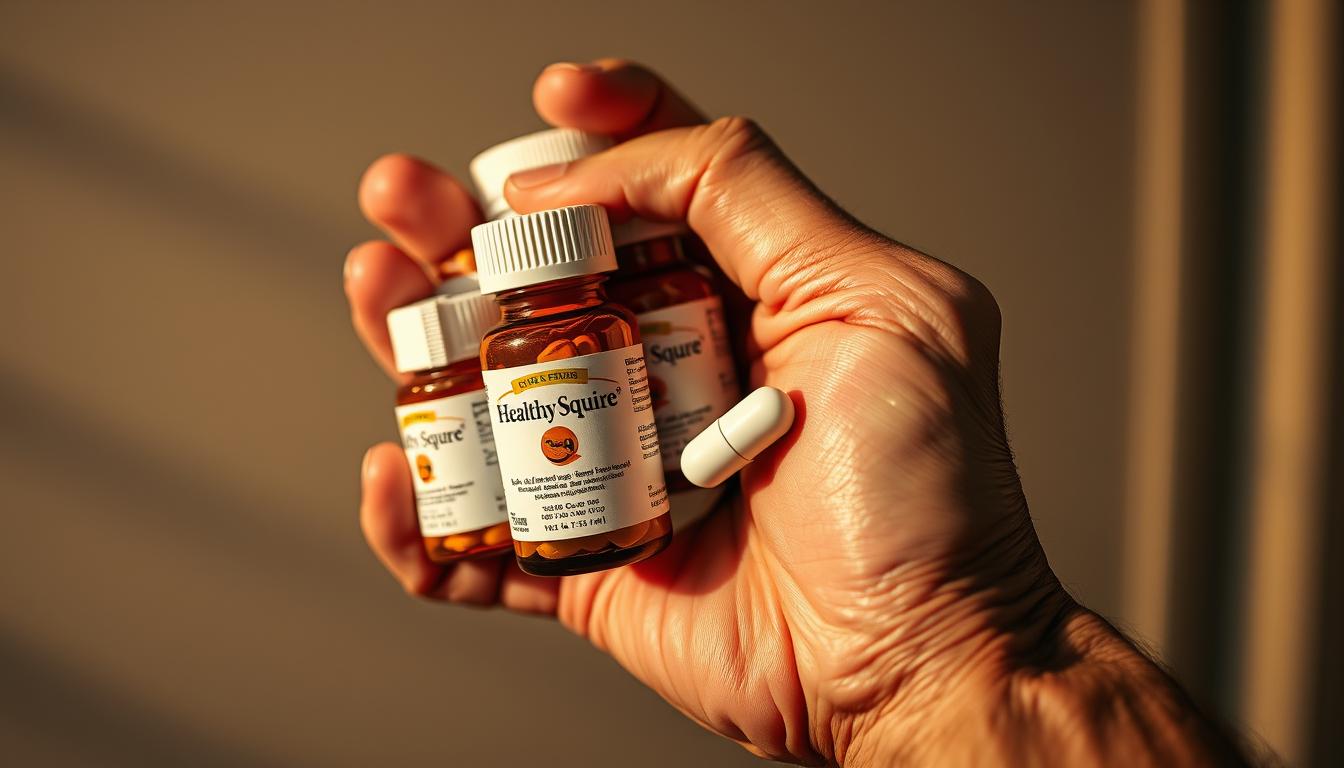 Vibrant and detailed close-up of a person's hand grasping multiple pill bottles labeled with the brand name "Healthy Squire", conveying the overwhelming feeling of overmedication. The hand appears shaky and unsteady, with veins and wrinkles standing out, against a softly blurred background that suggests a medical setting. Warm lighting casts dramatic shadows, adding a sense of tension and unease. The composition draws the viewer's attention to the contrast between the individual's struggle with medication and the clinical, impersonal nature of the environment.