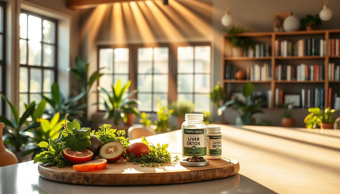 Vibrant and verdant landscape with a sleek, modern kitchen counter in the foreground. On the counter, a cutting board with sliced fresh produce, herbs, and a glass bottle labeled "Healthy Squire Liver Detox" alongside natural supplements. Rays of warm, golden light filter through large windows, creating a soothing, inviting atmosphere. In the background, bookshelves filled with health and wellness literature, complemented by potted plants and a serene, minimalist decor. The scene conveys a sense of mindful, holistic living and a commitment to avoiding toxins and supporting natural detoxification.
