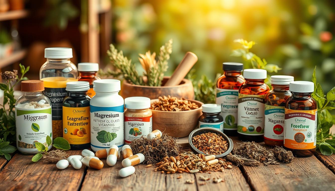Vibrant array of natural supplements for effective migraine management, arranged on a rustic wooden surface. In the foreground, bottles and jars of various herbs, vitamins, and minerals, including magnesium, feverfew, and CoQ10, captured in warm, diffused lighting. Middle ground features mortar and pestle, dried herbs, and other holistic remedies. Backdrop blurred, hinting at a serene, natural environment, perhaps an herbal garden or apothecary setting. The composition conveys a sense of balance, wellness, and the power of integrative approaches to managing debilitating migraines.