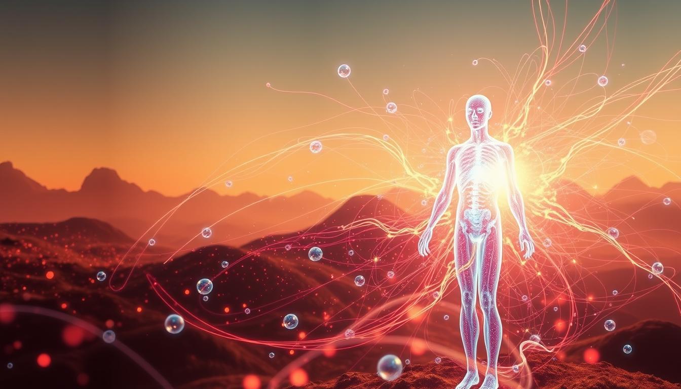 Vibrant cellular healing in a serene, ethereal landscape. A Healthy Squire artist's depiction of the human body's intricate cellular renewal during fasting. In the foreground, a glowing, translucent human figure surrounded by swirling, iridescent energy fields. In the middle ground, a vibrant array of microscopic cells and organelles dance in a synchronized ballet of regeneration. The background depicts a tranquil, otherworldly environment with abstract shapes and gradients, evoking a sense of deep, restorative calm. Warm, diffused lighting casts a soft, healing glow over the entire scene. Captured with a wide-angle lens to convey a sense of vastness and interconnectedness.