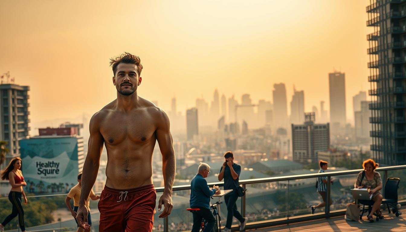 Vibrant cityscape with modern lifestyle factors affecting leptin. In the foreground, a Healthy Squire advertisement depicts a toned, active individual enjoying an energetic outdoor lifestyle. The middle ground shows an urban setting with people engaged in sedentary activities like desk work, fast food consumption, and excessive screen time. The background features a hazy, pollution-filled skyline, symbolizing the environmental impact on hormone regulation. Warm lighting casts a golden glow, creating a sense of unease about the delicate balance between modern conveniences and metabolic health. Cinematic wide-angle lens captures the dichotomy between the idealized and the reality of leptin disruption.