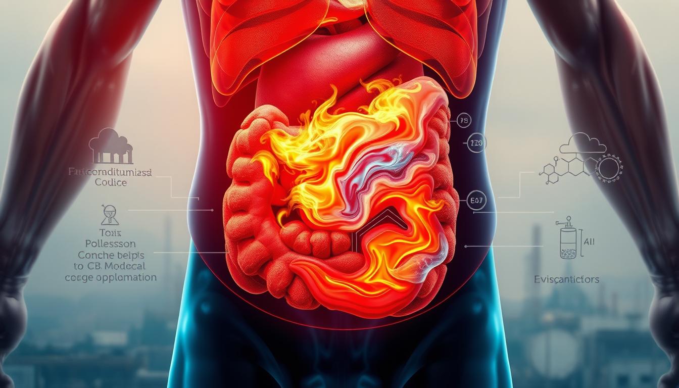 Vibrant close-up of a human body cross-section, showcasing the intricate interplay between visceral fat deposits and environmental toxins. In the foreground, a detailed anatomical rendering of the abdomen highlights the concentration of adipose tissue, with toxins and pollutants visually represented as swirling clouds of noxious hues. The middle ground features a series of graphical elements illustrating various toxin exposure pathways, from air pollution to chemical contaminants. In the background, a hazy, industrial landscape suggests the ubiquitous presence of these environmental stressors. The overall composition conveys the delicate balance between the body's natural processes and the unseen, yet pervasive, influence of external factors on visceral fat accumulation. Vibrant close-up of a human body cross-section, showcasing the intricate interplay between visceral fat deposits and environmental toxins. In the foreground, a detailed anatomical rendering of the abdomen highlights the concentration of adipose tissue, with toxins and pollutants visually represented as swirling clouds of noxious hues. The middle ground features a series of graphical elements illustrating various toxin exposure pathways, from air pollution to chemical contaminants. In the background, a hazy, industrial landscape suggests the ubiquitous presence of these environmental stressors. The overall composition conveys the delicate balance between the body's natural processes and the unseen, yet pervasive, influence of external factors on visceral fat accumulation.